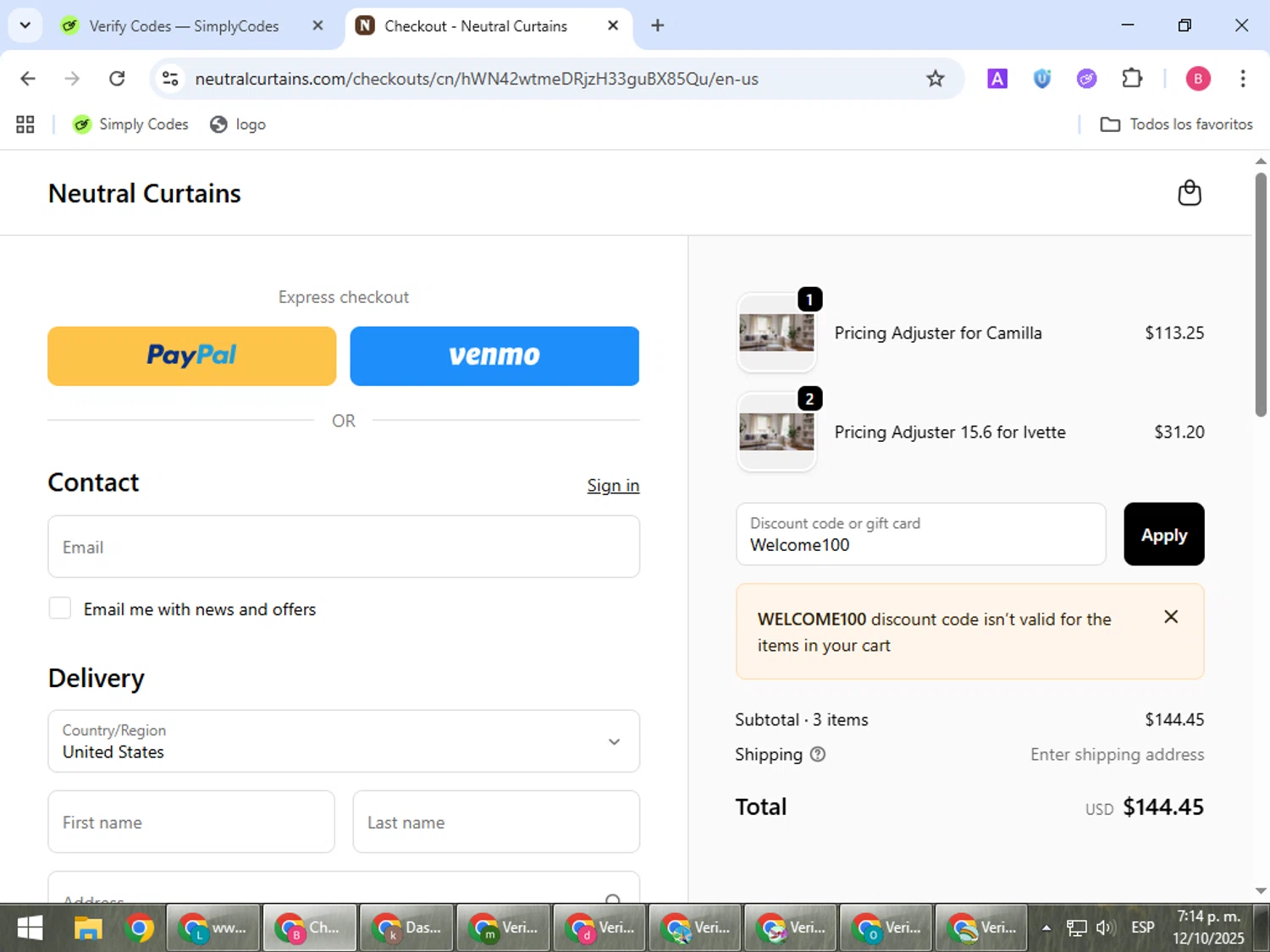 Neutral Curtains coupon code screenshot showing code Welcome100 applied at Neutral Curtains checkout page. Uploaded by SimplyCodes community member bombontropical on Oct 12, 2025