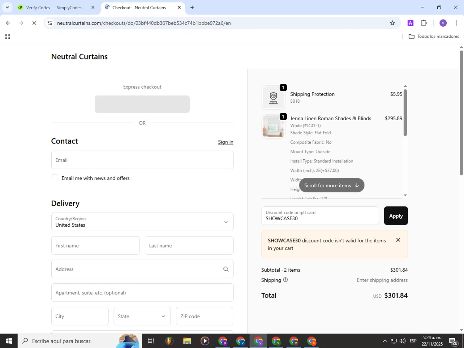 Neutral Curtains coupon code screenshot showing code SHOWCASE30 applied at Neutral Curtains checkout page. Uploaded by SimplyCodes community member Gianpiero on Nov 22, 2025
