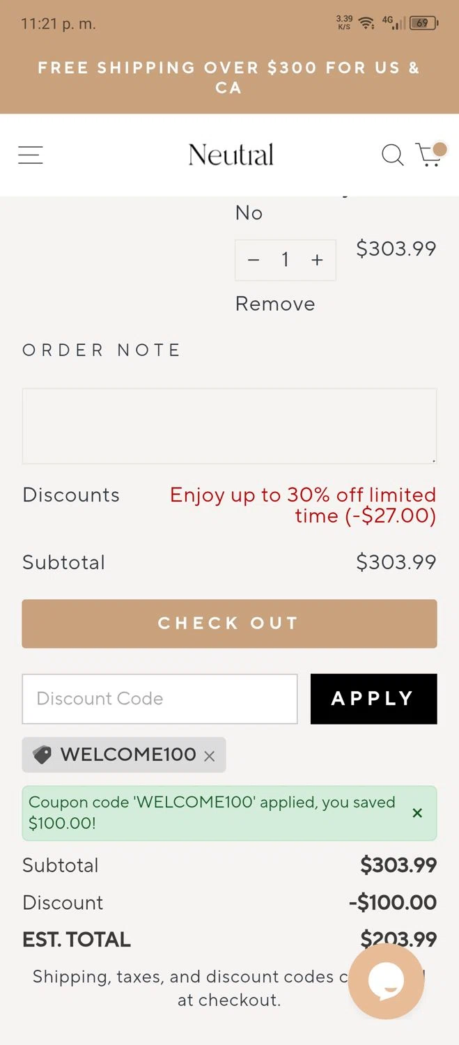 Neutral Curtains coupon code screenshot showing code Welcome100 applied at Neutral Curtains checkout page. Uploaded by SimplyCodes community member Luis0101 on Jul 14, 2025