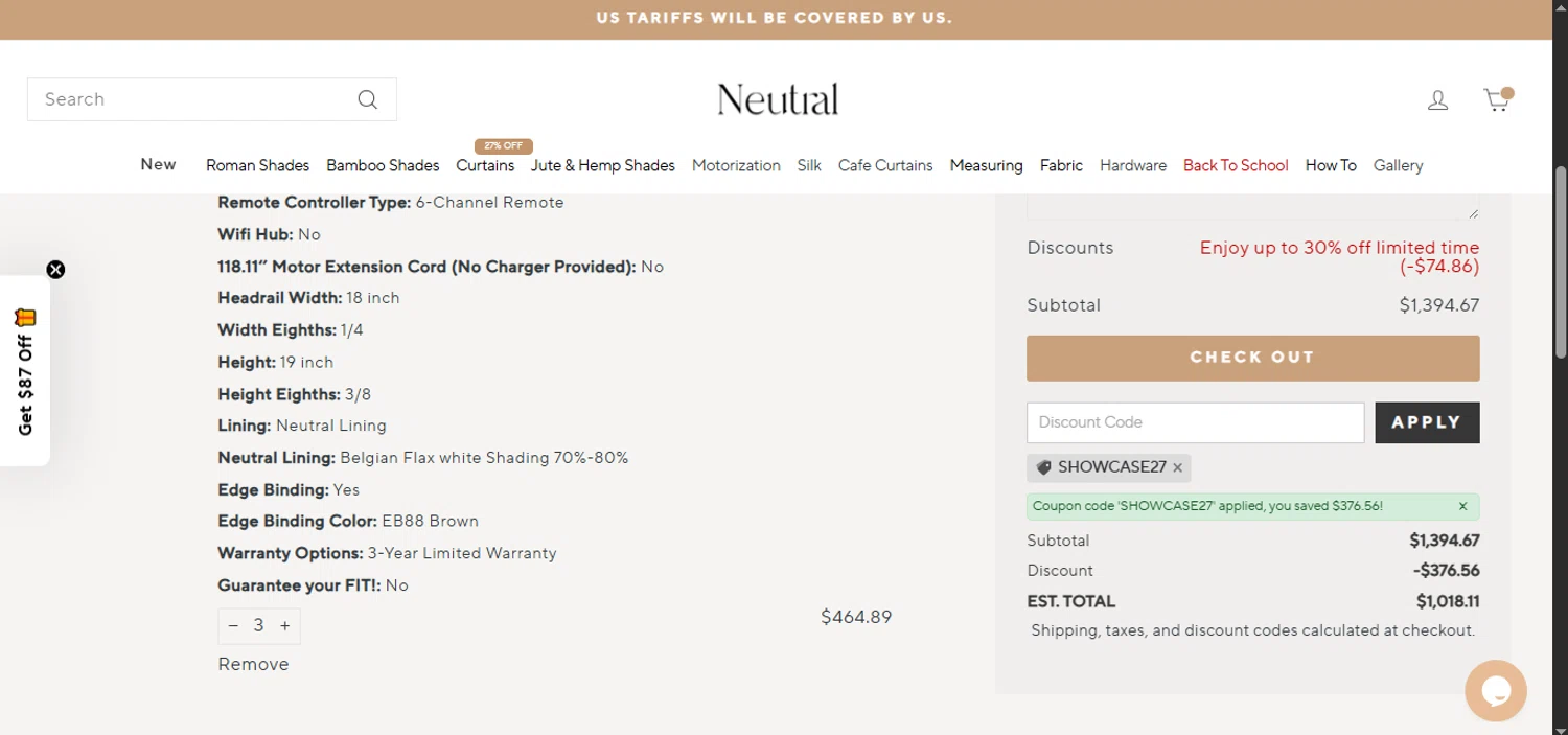 Neutral Curtains coupon code screenshot showing code SHOWCASE27 applied at Neutral Curtains checkout page. Uploaded by SimplyCodes community member hazken on Aug 12, 2025