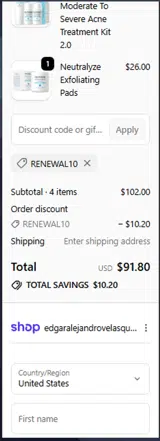 RENEWAL10 coupon verification screenshot