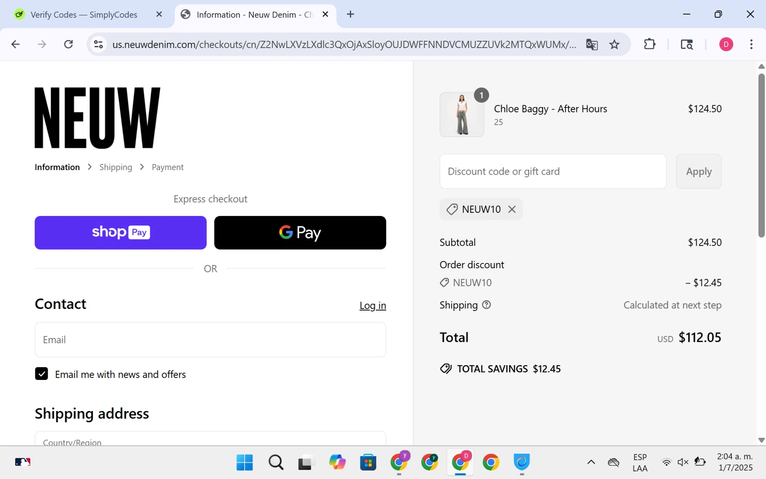 Neuw Denim discount code screenshot showing code NEUW10 applied at Neuw Denim checkout page. Uploaded by SimplyCodes community member LuckyHero4650 on Jul 1, 2025