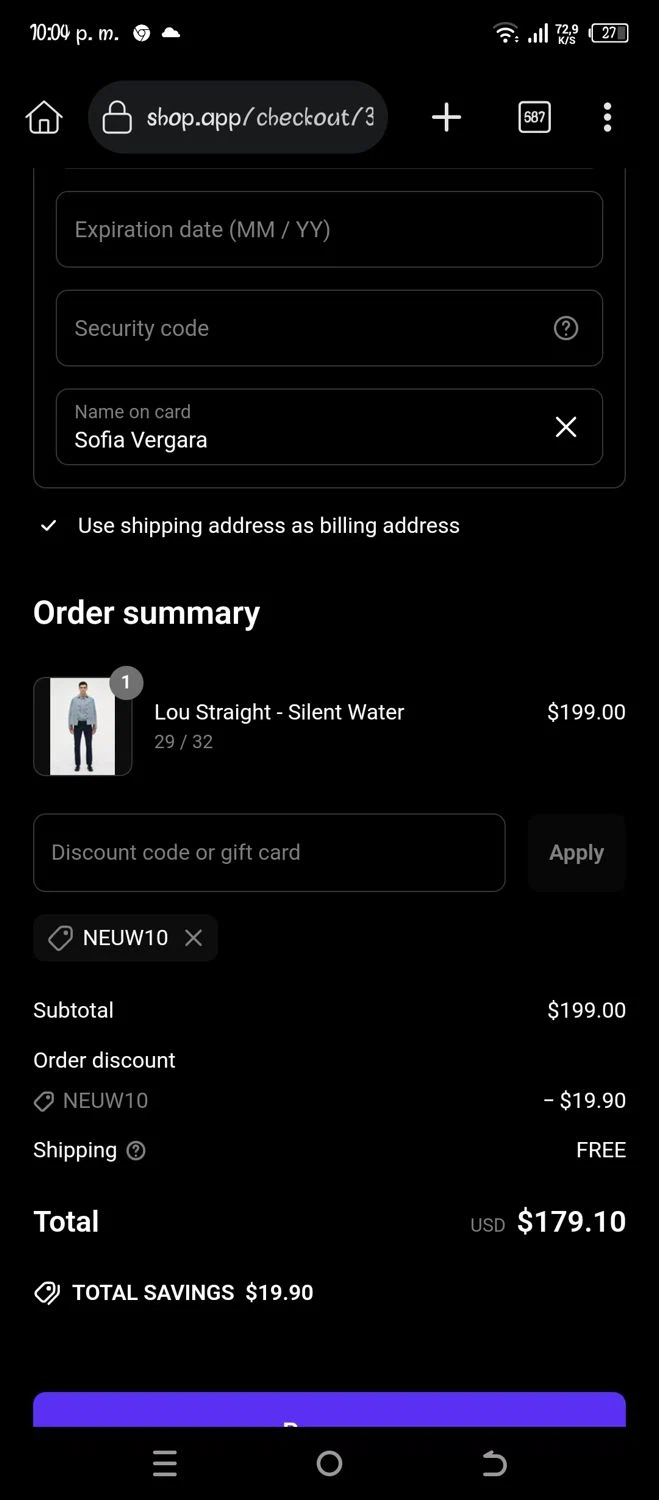 Neuw Denim discount code screenshot showing code NEUW10 applied at Neuw Denim checkout page. Uploaded by SimplyCodes community member Pipina11 on Jun 21, 2025