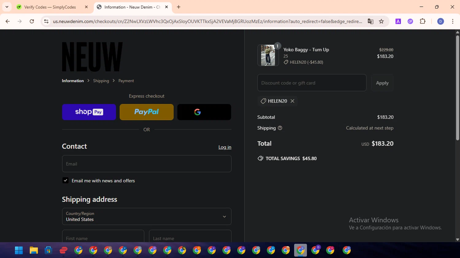 Neuw Denim discount code screenshot showing code HELEN20 applied at Neuw Denim checkout page. Uploaded by SimplyCodes community member RewardOwl5959 on Jul 1, 2025