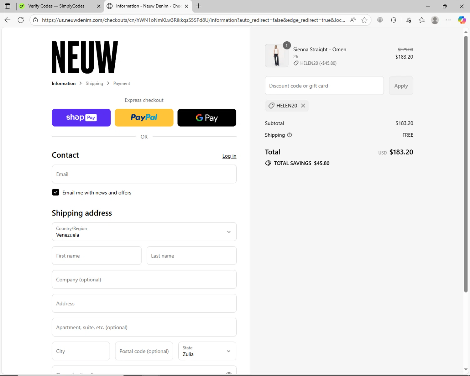 Neuw Denim discount code screenshot showing code HELEN20 applied at Neuw Denim checkout page. Uploaded by SimplyCodes community member jechtff10 on Aug 15, 2025