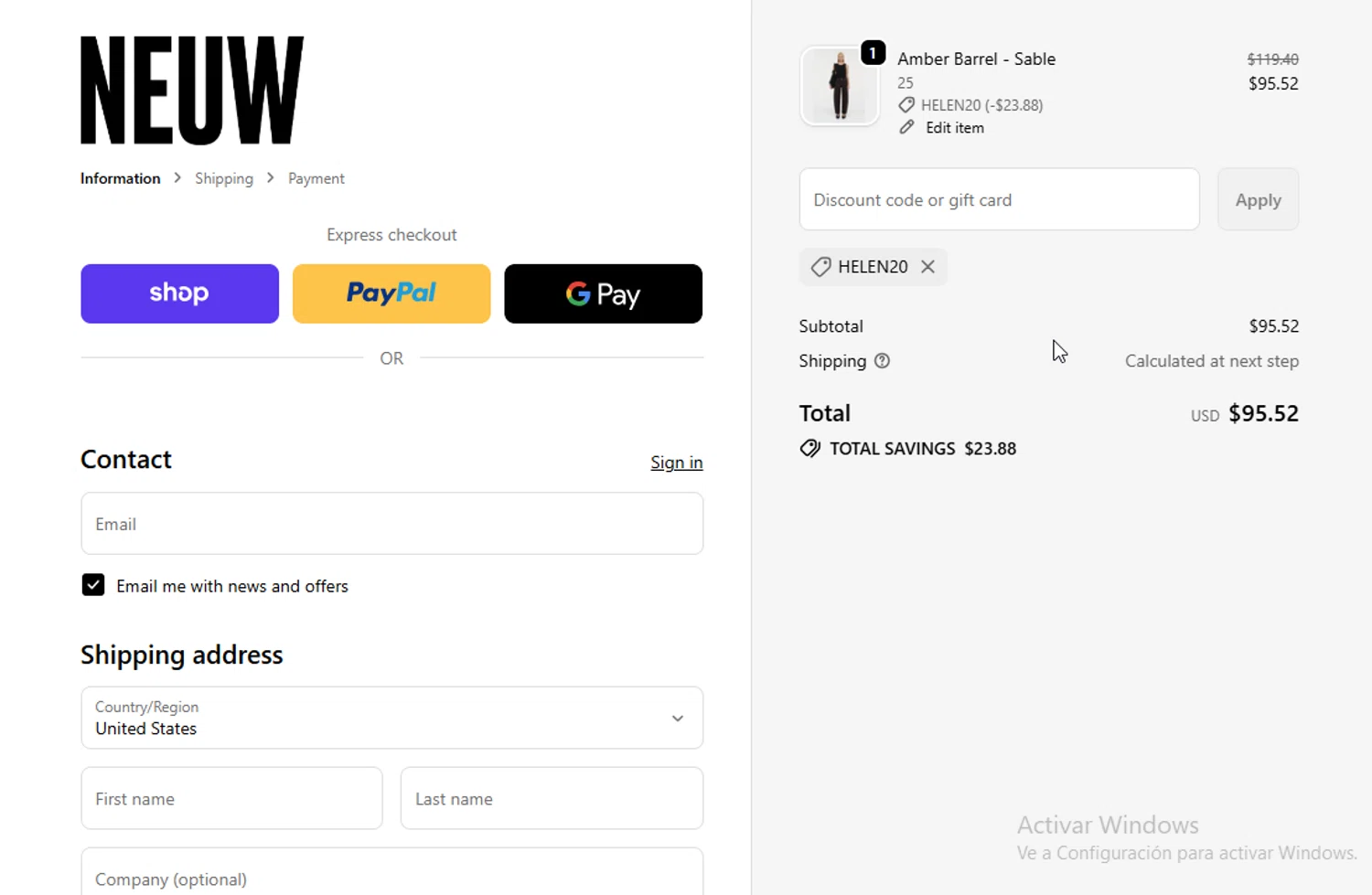 Neuw Denim discount code screenshot showing code HELEN20 applied at Neuw Denim checkout page. Uploaded by SimplyCodes community member ligthYA on Dec 1, 2025