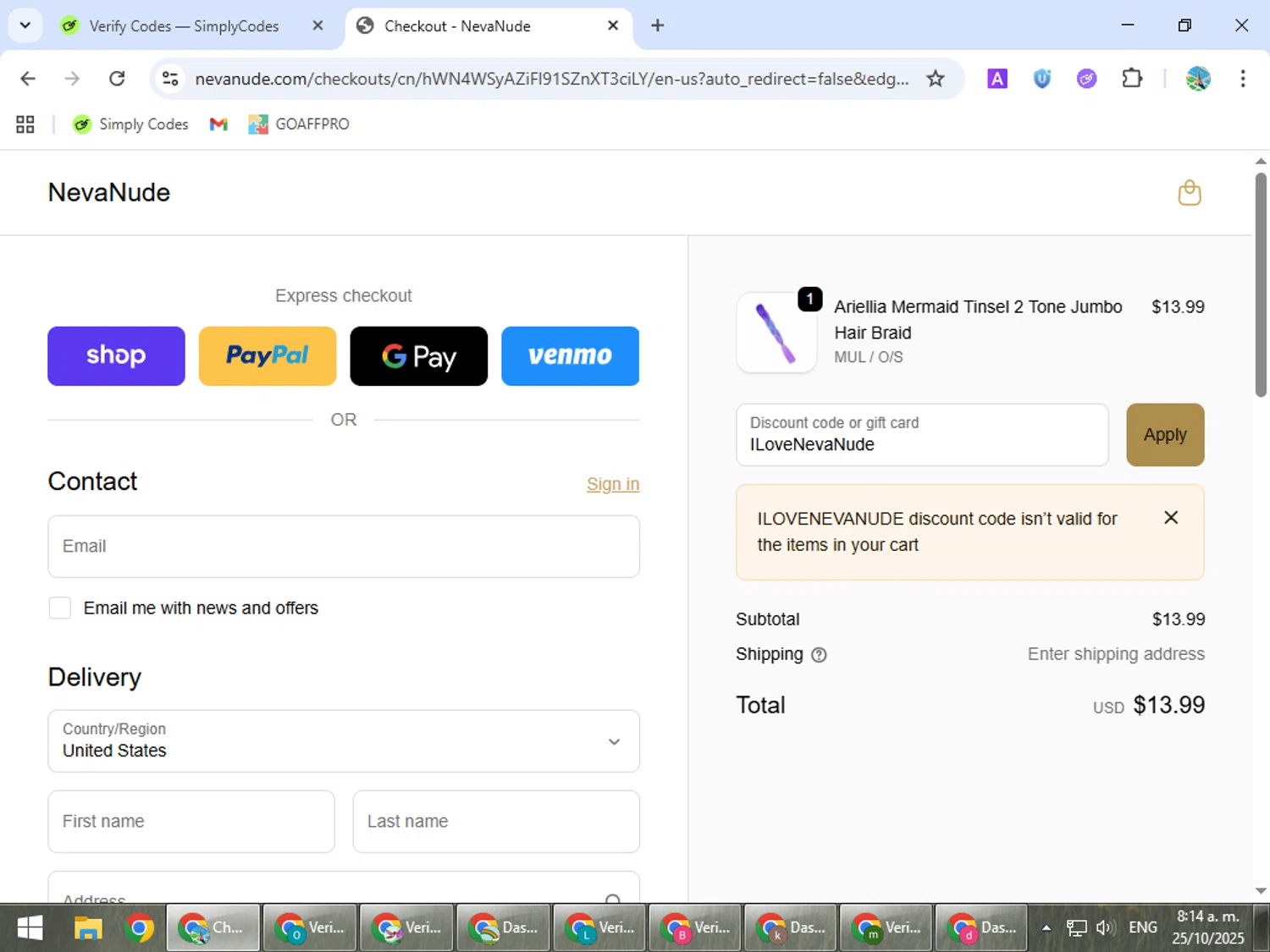 NevaNude promo code screenshot showing code ILoveNevaNude applied at NevaNude checkout page. Uploaded by SimplyCodes community member ShrewdSpotter4101 on Oct 25, 2025