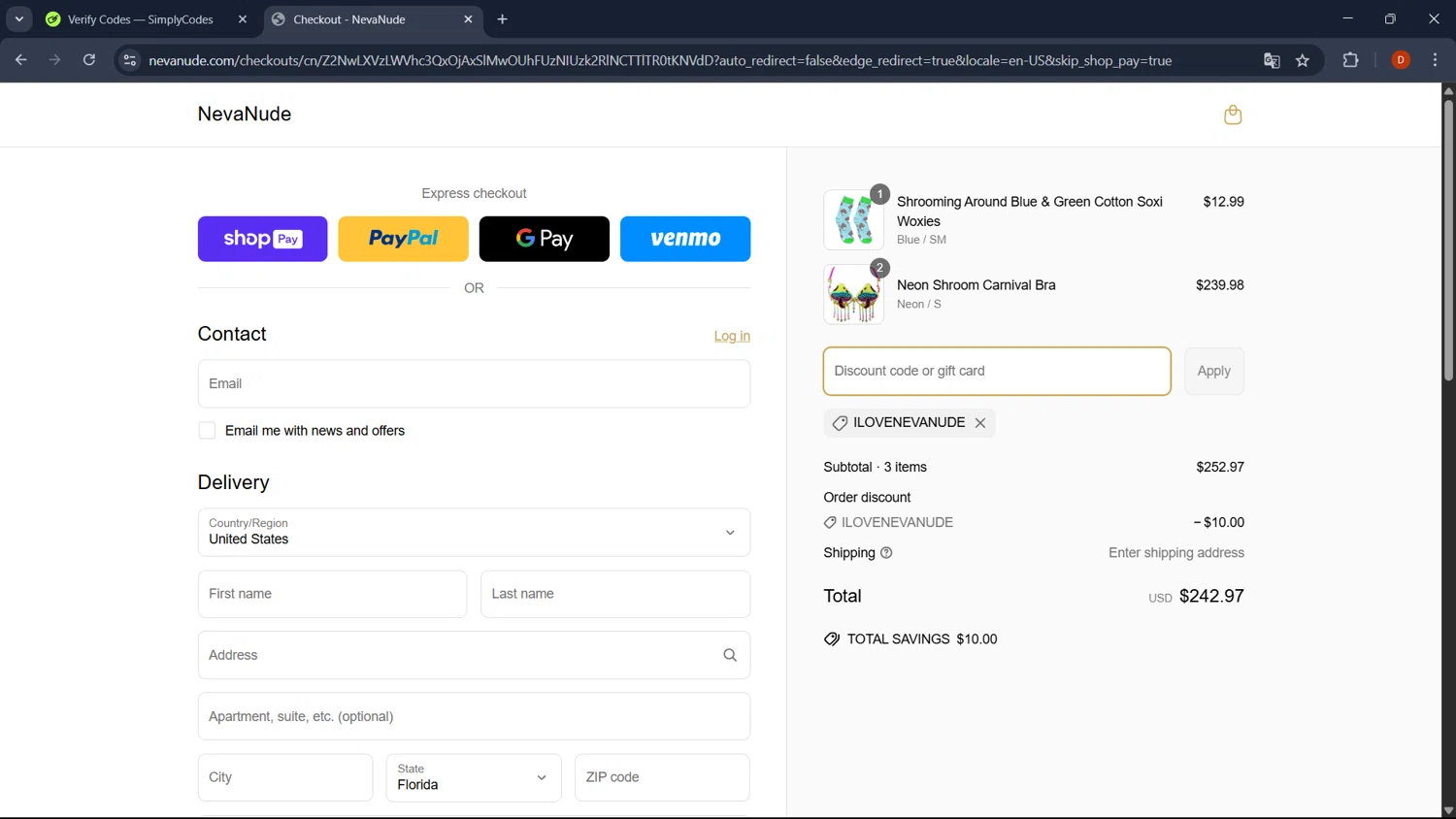 NevaNude promo code screenshot showing code ILoveNevaNude applied at NevaNude checkout page. Uploaded by SimplyCodes community member RoyalSaver3150 on Apr 16, 2025
