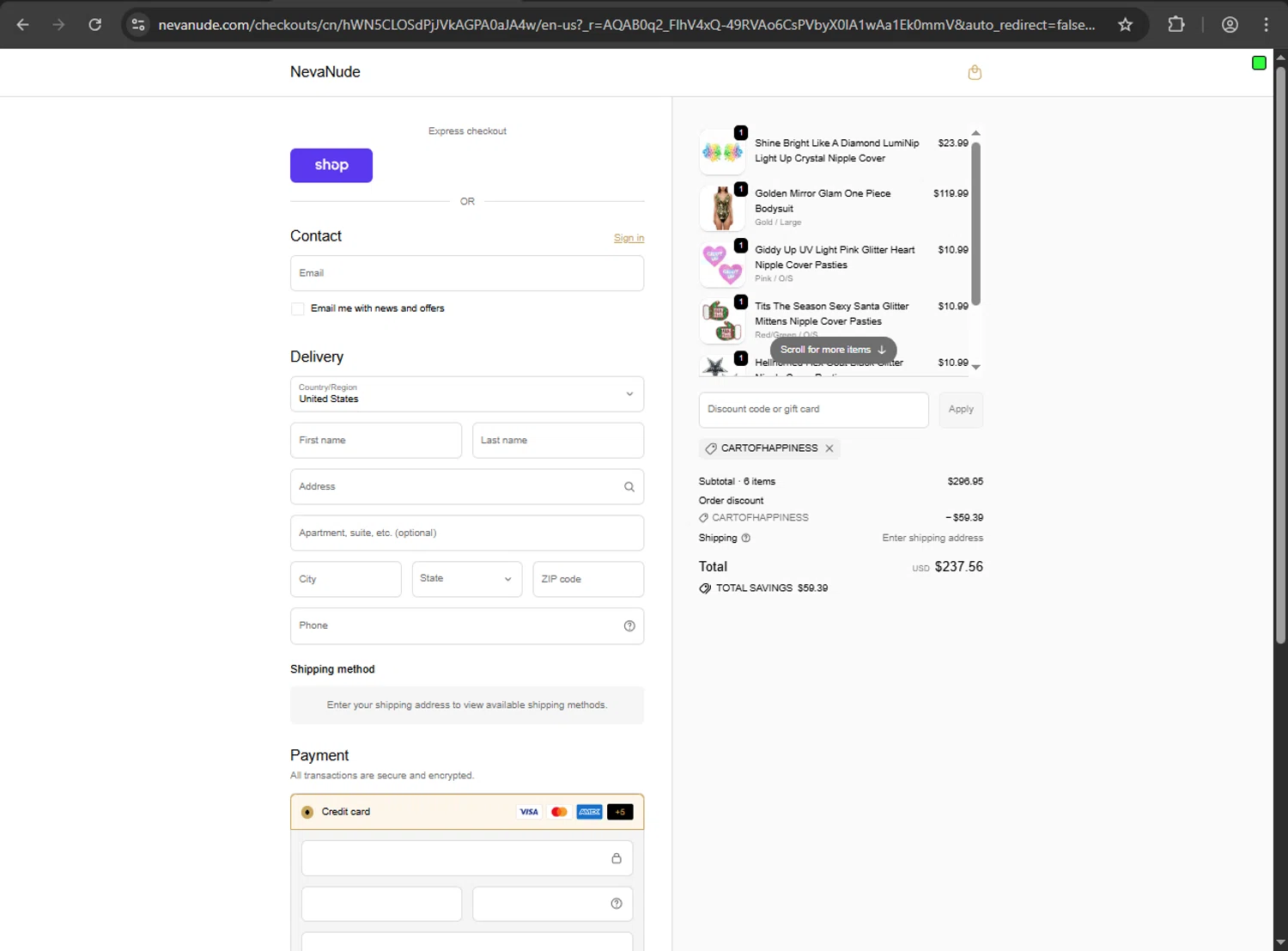 NevaNude promo code screenshot showing code CARTOFHAPPINESS applied at NevaNude checkout page. Uploaded by SimplyCodes community member 61664350 on Nov 12, 2025