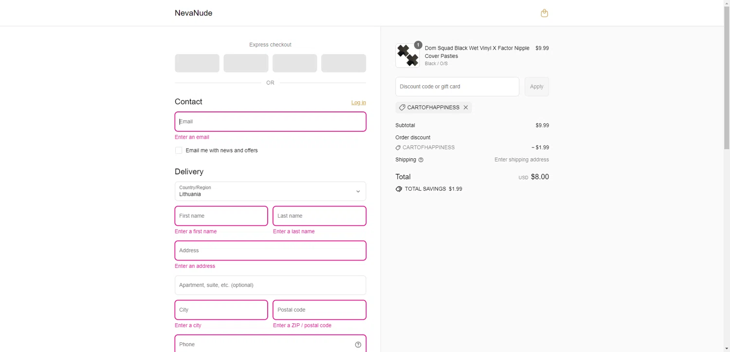 NevaNude promo code screenshot showing code CARTOFHAPPINESS applied at NevaNude checkout page. Uploaded by SimplyCodes community member ValiantAce1810 on Aug 25, 2025