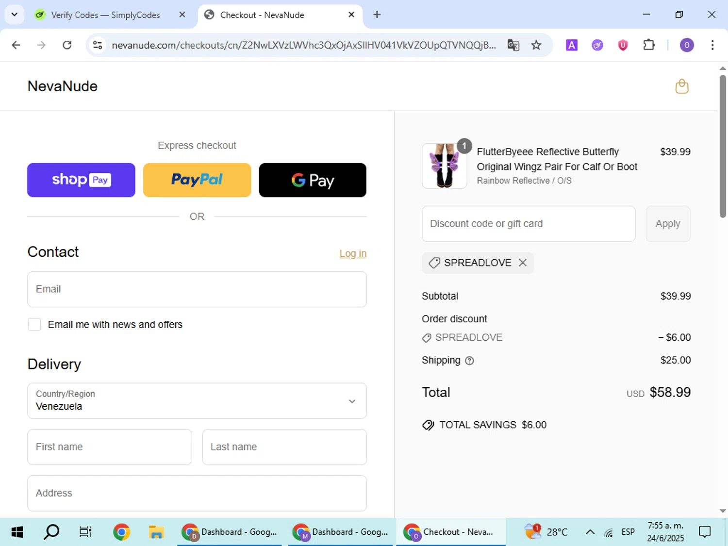NevaNude promo code screenshot showing code SPREADLOVE applied at NevaNude checkout page. Uploaded by SimplyCodes community member BudgetHawk9503 on Jun 24, 2025