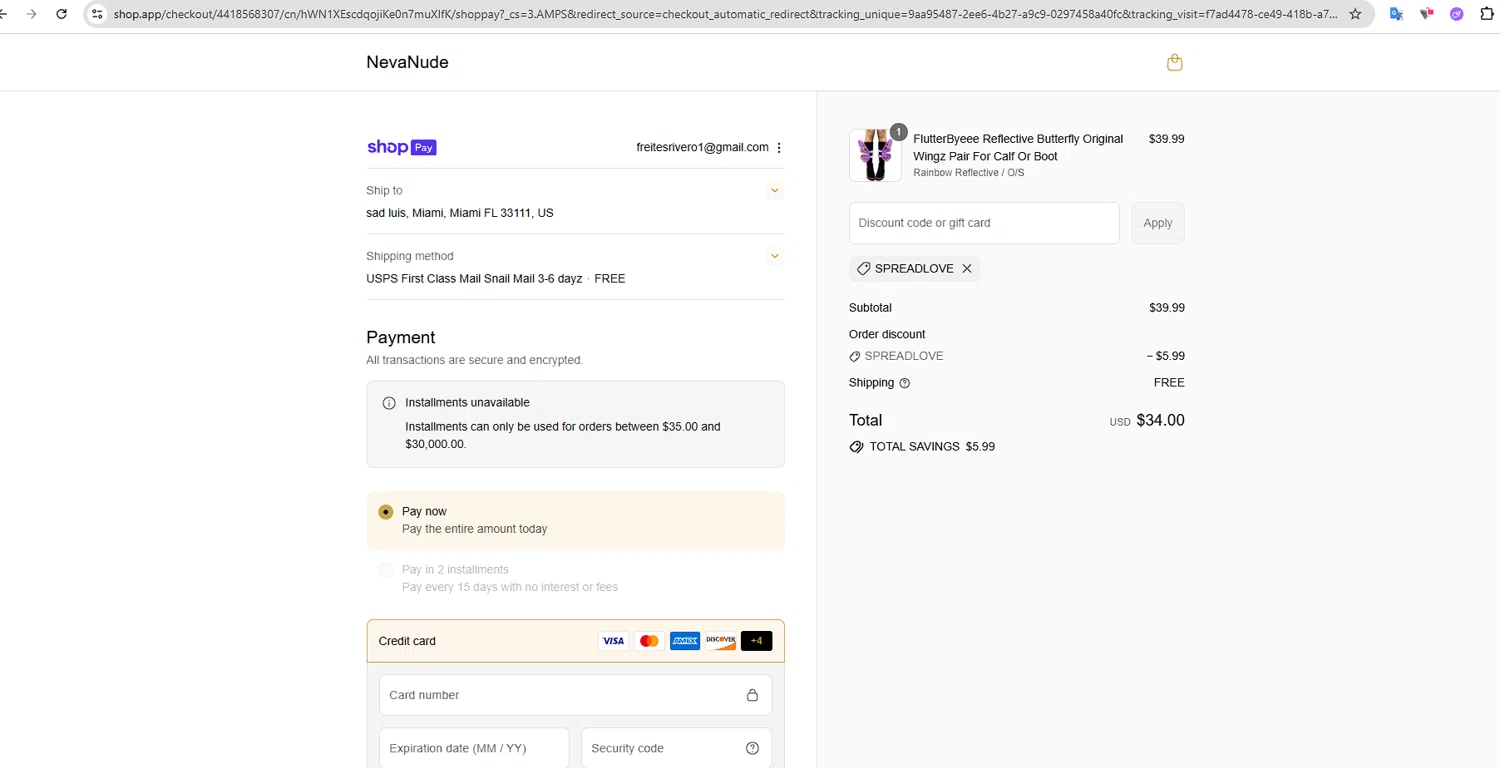 NevaNude promo code screenshot showing code SPREADLOVE applied at NevaNude checkout page. Uploaded by SimplyCodes community member CashSleuth106 on Aug 7, 2025