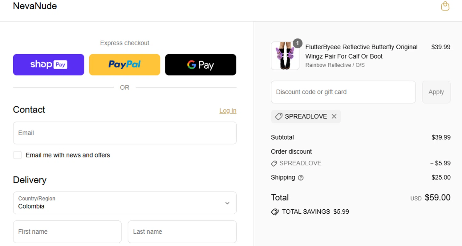 NevaNude promo code screenshot showing code SPREADLOVE applied at NevaNude checkout page. Uploaded by SimplyCodes community member Eliaslpz on Aug 7, 2025
