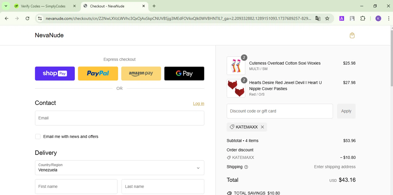NevaNude promo code screenshot showing code KATEMAXX applied at NevaNude checkout page. Uploaded by SimplyCodes community member FortunateDefender3676 on Jan 24, 2025