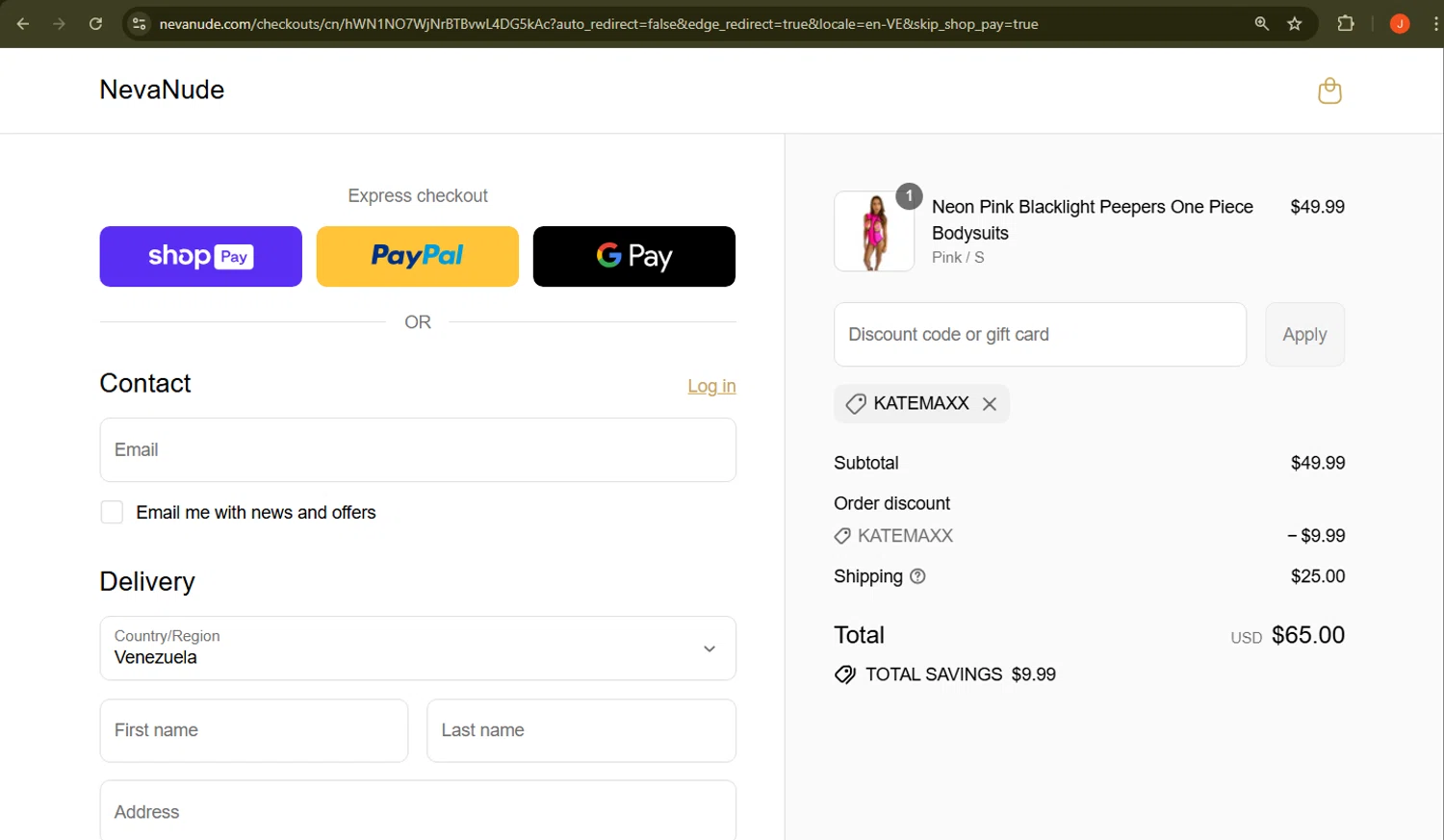 NevaNude promo code screenshot showing code KATEMAXX applied at NevaNude checkout page. Uploaded by SimplyCodes community member chus007 on Aug 3, 2025