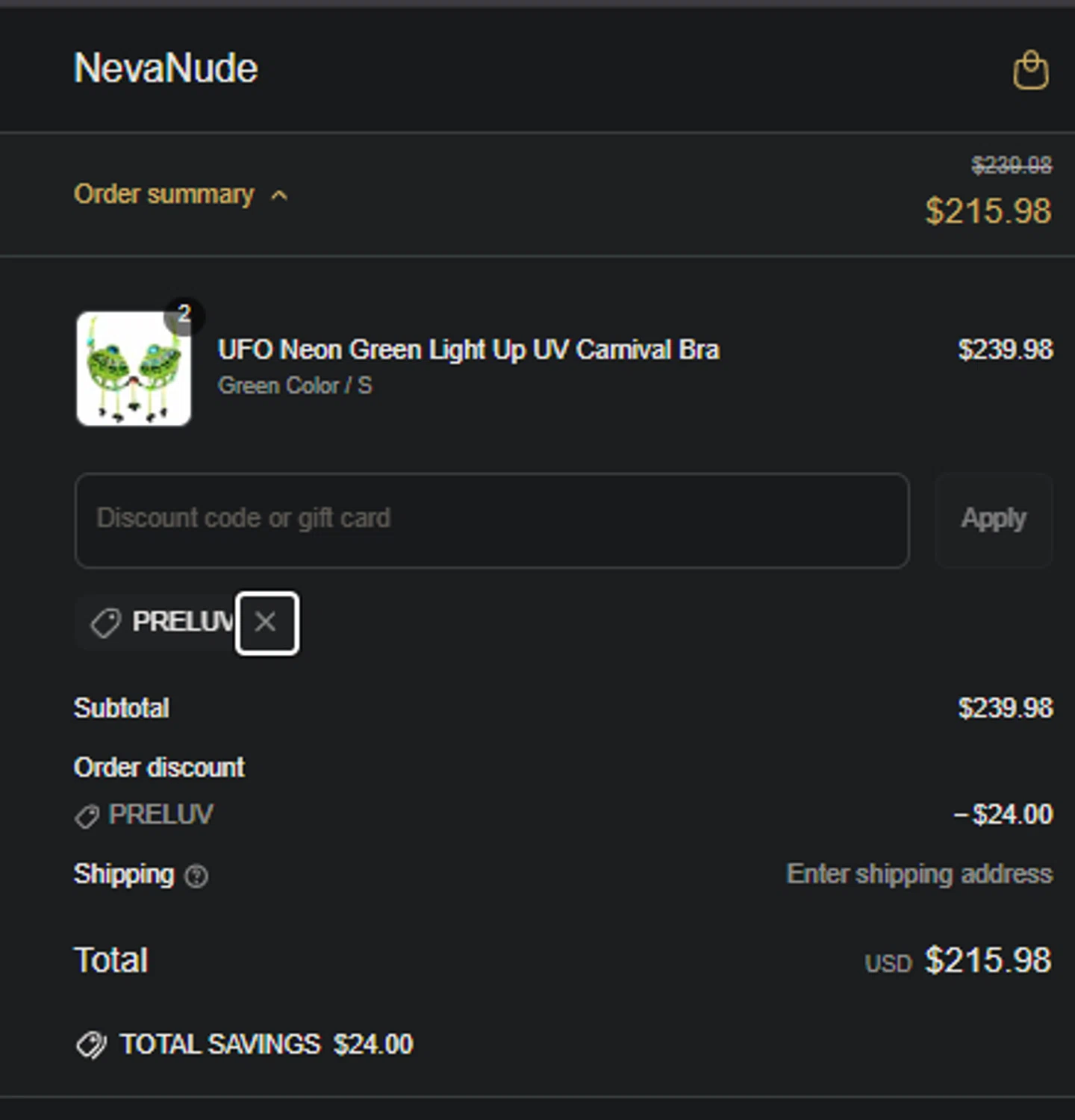 NevaNude promo code screenshot showing code PRELUV applied at NevaNude checkout page. Uploaded by SimplyCodes community member SpiderGwen on Mar 26, 2025