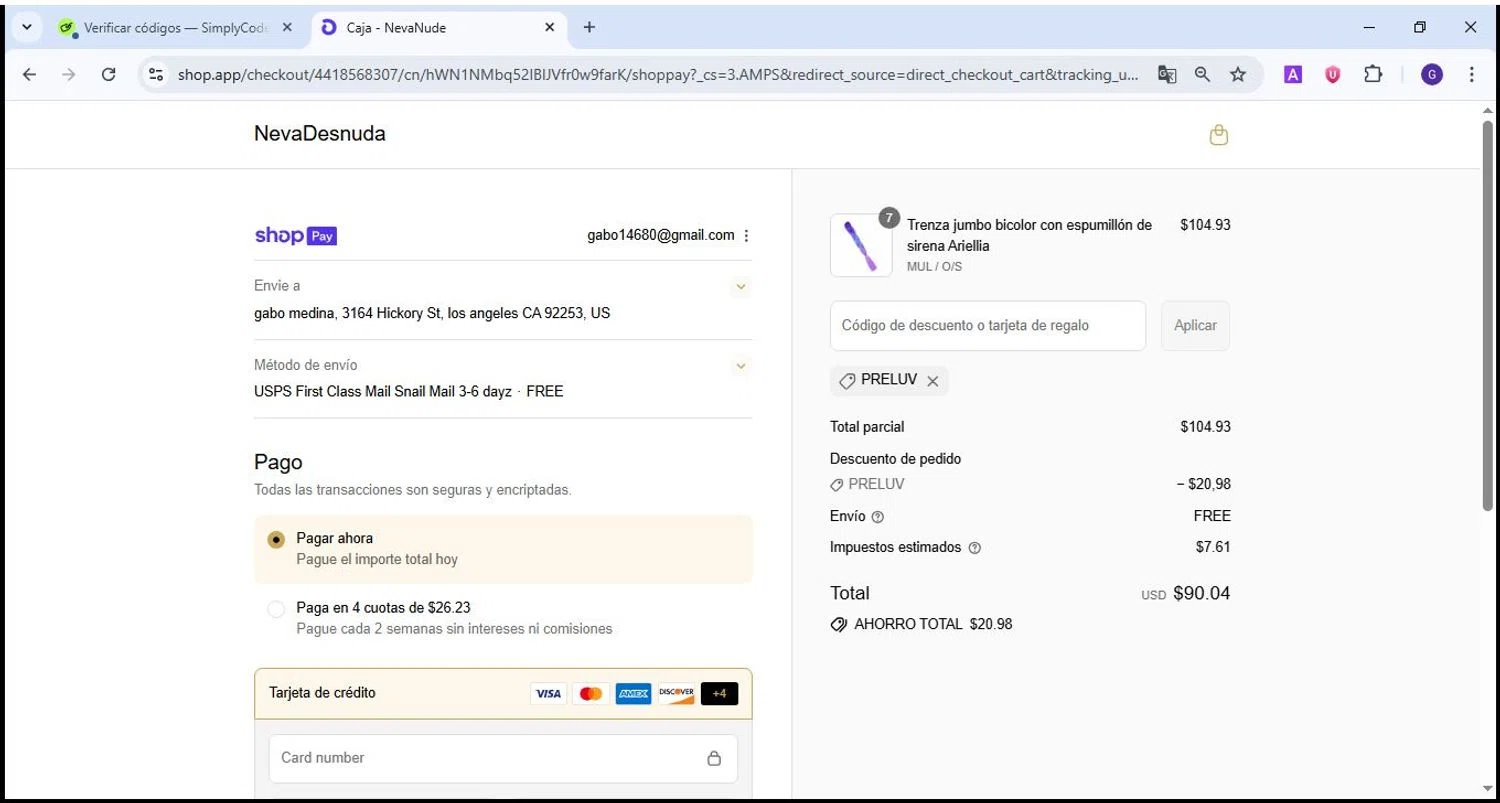 NevaNude promo code screenshot showing code PRELUV applied at NevaNude checkout page. Uploaded by SimplyCodes community member Theking on Aug 3, 2025
