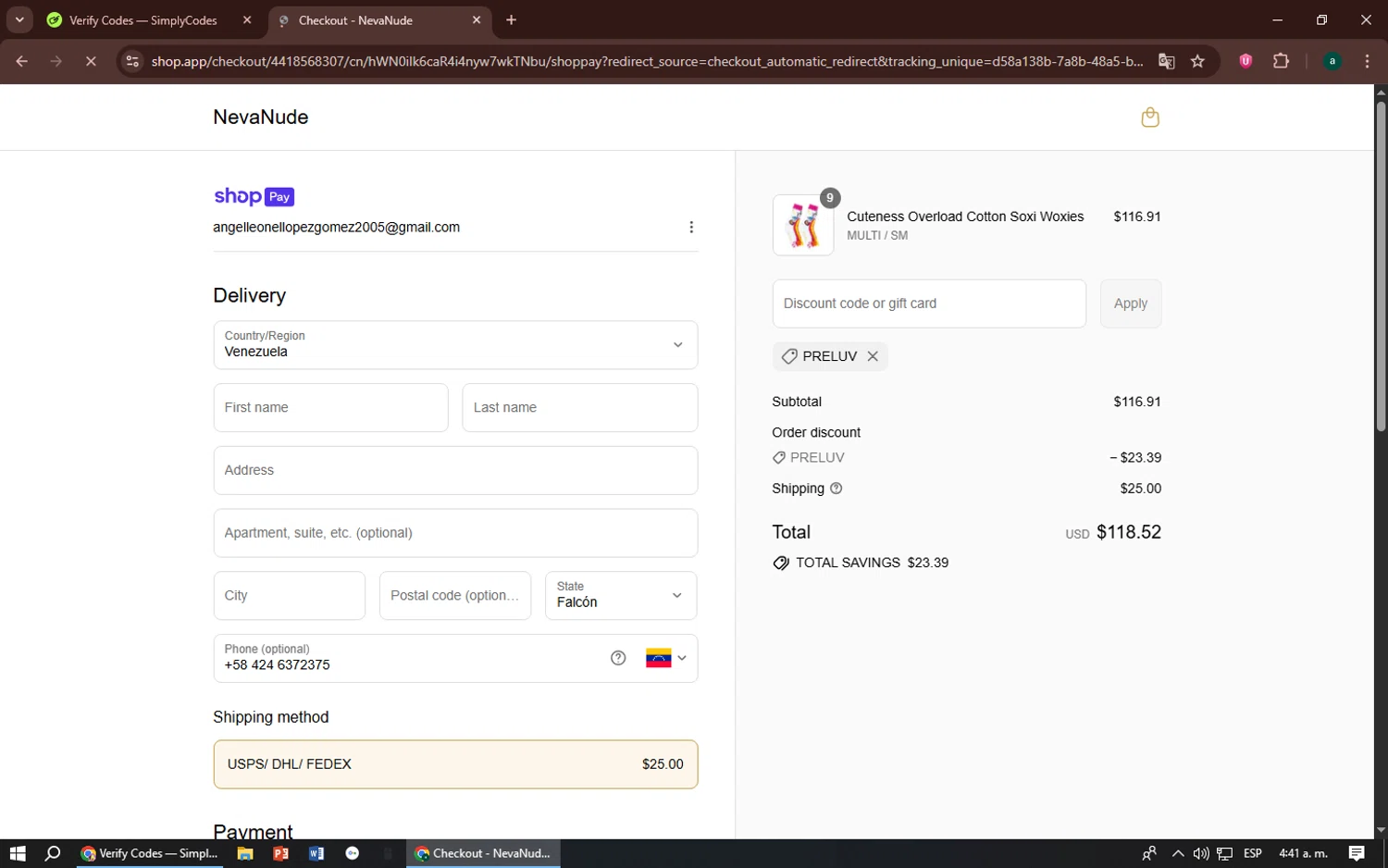 NevaNude promo code screenshot showing code PRELUV applied at NevaNude checkout page. Uploaded by SimplyCodes community member zizu55 on Jul 17, 2025