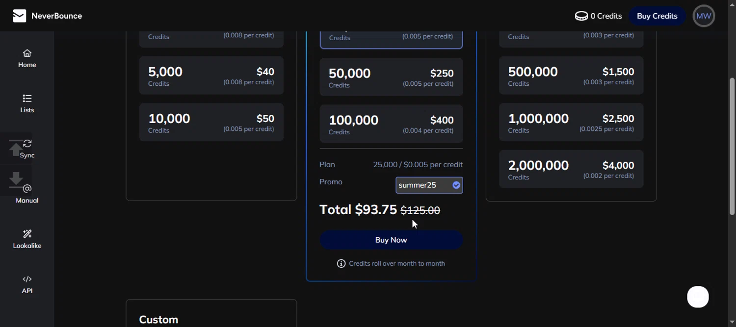 NeverBounce promo code screenshot showing code summer25 applied at NeverBounce checkout page. Uploaded by SimplyCodes community member 111111 on Jul 29, 2025