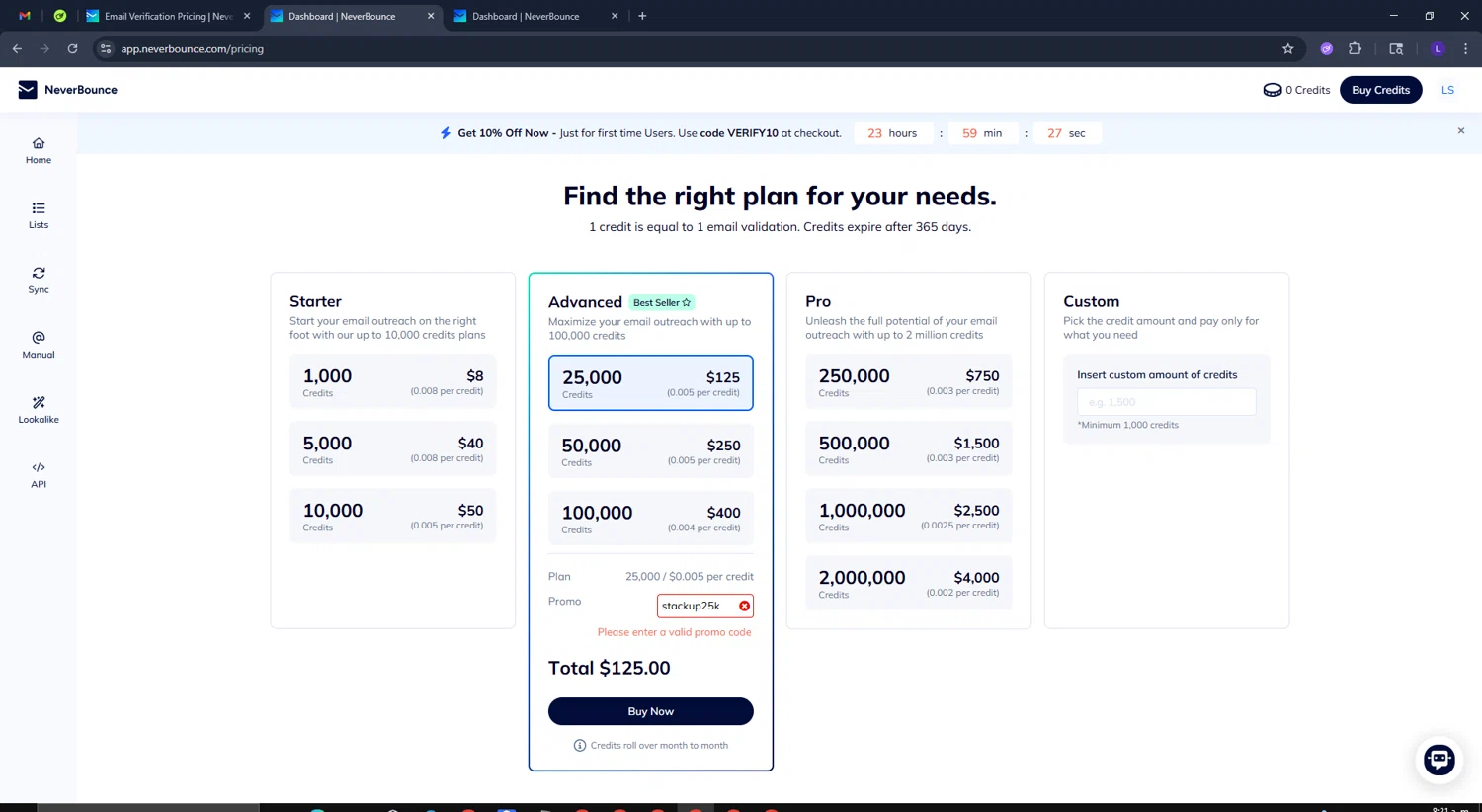 NeverBounce promo code screenshot showing code stackup25k applied at NeverBounce checkout page. Uploaded by SimplyCodes community member CoinElite8726 on Jul 25, 2025