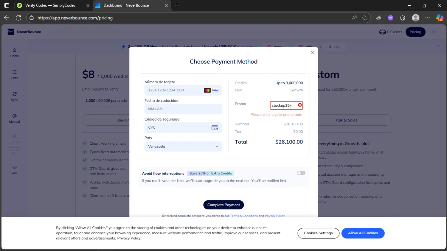 NeverBounce promo code screenshot showing code stackup25k applied at NeverBounce checkout page. Uploaded by SimplyCodes community member JuanChi on Aug 24, 2025