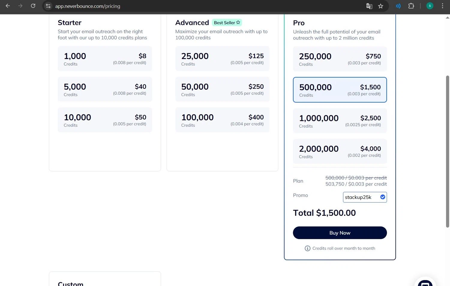NeverBounce checkout page showing NeverBounce promo code box | Screenshot taken by SimplyCodes community member on May 28, 2025
