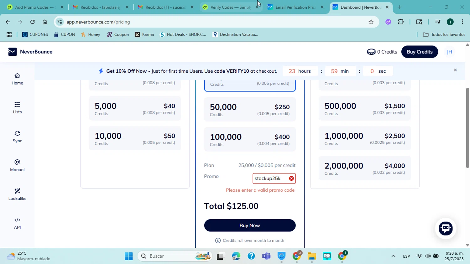 NeverBounce promo code screenshot showing code stackup25k applied at NeverBounce checkout page. Uploaded by SimplyCodes community member jorgejavierherrera on Jul 25, 2025