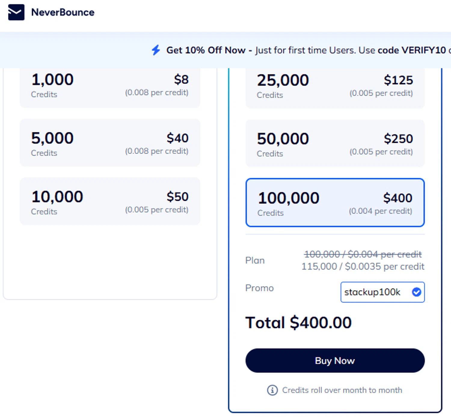 NeverBounce promo code screenshot showing code stackup100k applied at NeverBounce checkout page. Uploaded by SimplyCodes community member GloriousCollector9521 on Jun 26, 2025