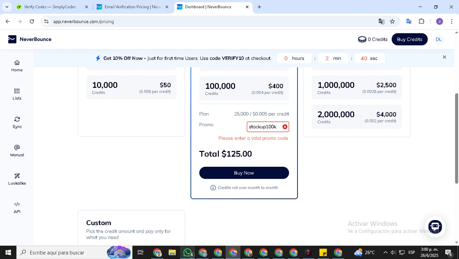 NeverBounce promo code screenshot showing code stackup100k applied at NeverBounce checkout page. Uploaded by SimplyCodes community member ShieldSeeker6695 on Jun 26, 2025