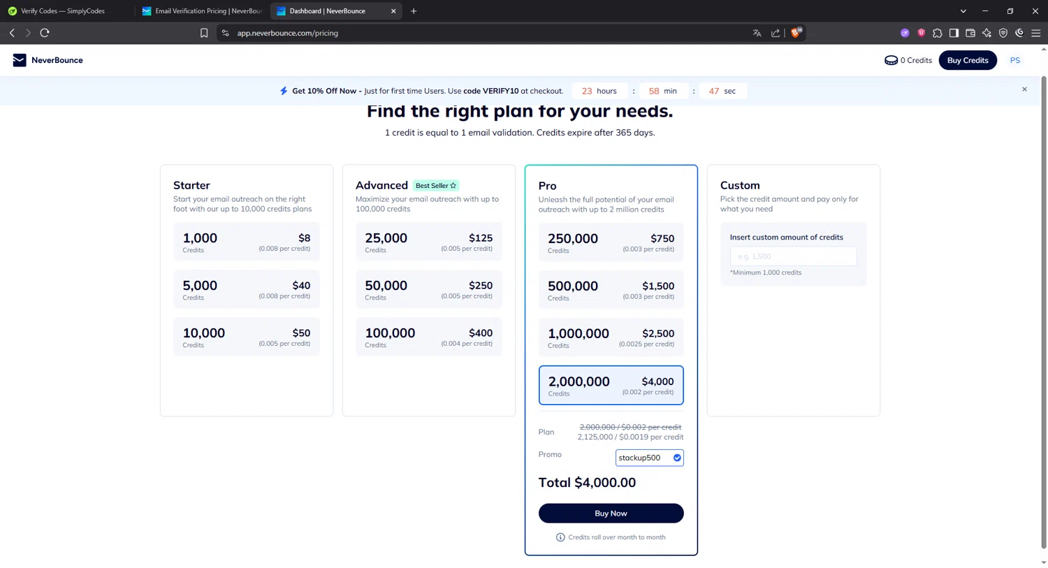NeverBounce promo code screenshot showing code stackup500 applied at NeverBounce checkout page. Uploaded by SimplyCodes community member Angel14 on Jun 26, 2025