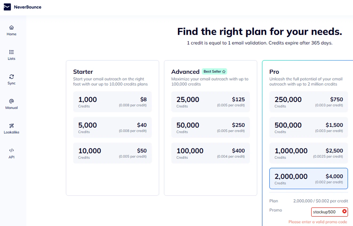 NeverBounce promo code screenshot showing code stackup500 applied at NeverBounce checkout page. Uploaded by SimplyCodes community member GloriousCollector9521 on Jul 25, 2025