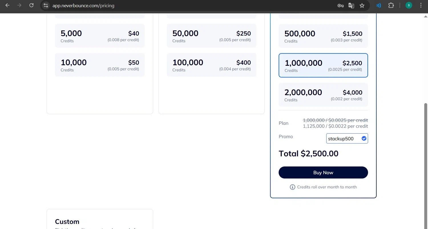NeverBounce checkout page showing NeverBounce promo code box | Screenshot taken by SimplyCodes community member on May 28, 2025