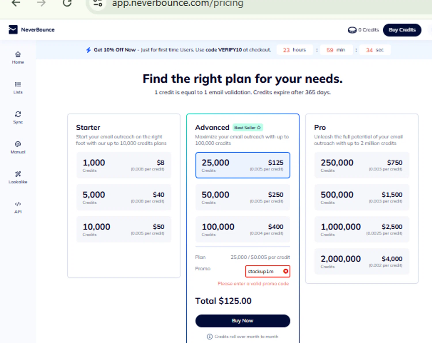 NeverBounce promo code screenshot showing code stackup1m applied at NeverBounce checkout page. Uploaded by SimplyCodes community member CashMaestro9337 on Jul 7, 2025