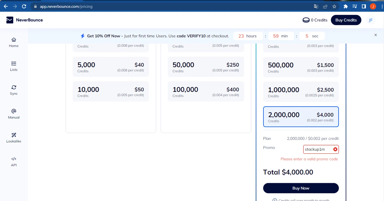 NeverBounce promo code screenshot showing code stackup1m applied at NeverBounce checkout page. Uploaded by SimplyCodes community member FranquizJoel on Jul 7, 2025