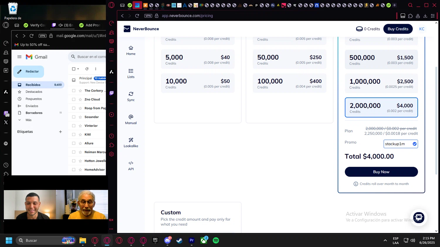 NeverBounce promo code screenshot showing code stackup1m applied at NeverBounce checkout page. Uploaded by SimplyCodes community member leonardocamacho2 on Jun 26, 2025