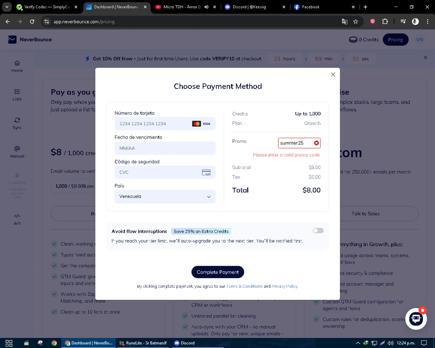 NeverBounce promo code screenshot showing code summer25 applied at NeverBounce checkout page. Uploaded by SimplyCodes community member CleverSentinel9441 on Aug 31, 2025