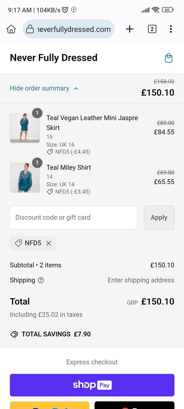 Never Fully Dressed checkout page showing Never Fully Dressed discount code box | Screenshot taken by SimplyCodes community member on Oct 5, 2024