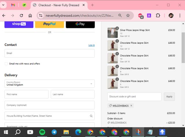 Never Fully Dressed checkout page showing Never Fully Dressed discount code box | Screenshot taken by SimplyCodes community member on Nov 3, 2024