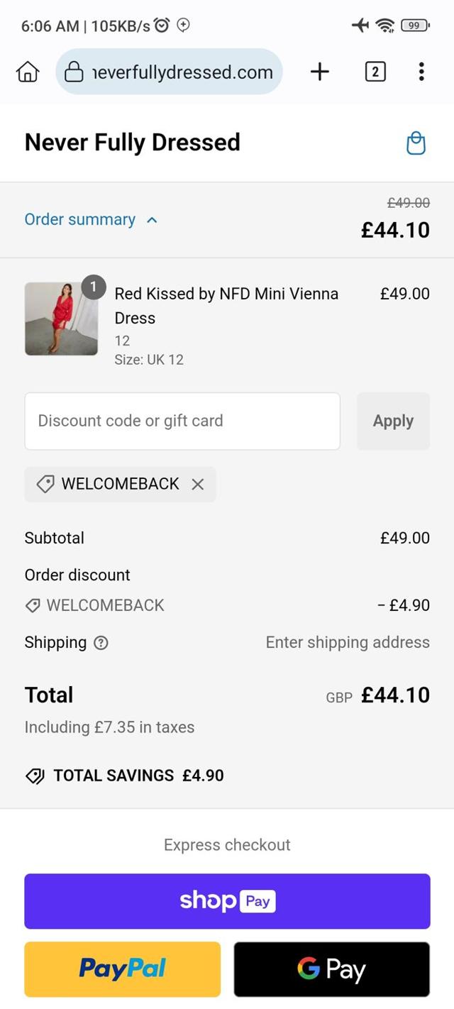 Never Fully Dressed checkout page showing Never Fully Dressed discount code box | Screenshot taken by SimplyCodes community member on Dec 22, 2024