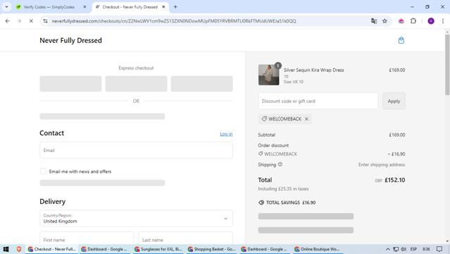 Never Fully Dressed checkout page showing Never Fully Dressed discount code box | Screenshot taken by SimplyCodes community member on Dec 2, 2024