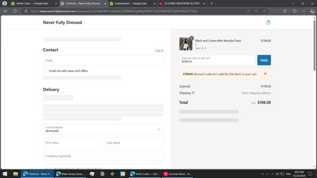Never Fully Dressed checkout page showing Never Fully Dressed discount code box | Screenshot taken by SimplyCodes community member on Dec 25, 2024