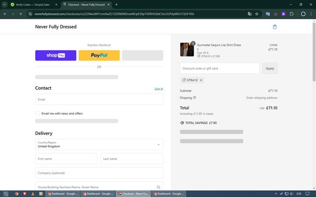 Never Fully Dressed checkout page showing Never Fully Dressed discount code box | Screenshot taken by SimplyCodes community member on Nov 26, 2024