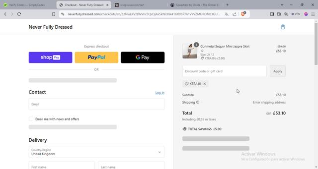 Never Fully Dressed checkout page showing Never Fully Dressed discount code box | Screenshot taken by SimplyCodes community member on Nov 14, 2024