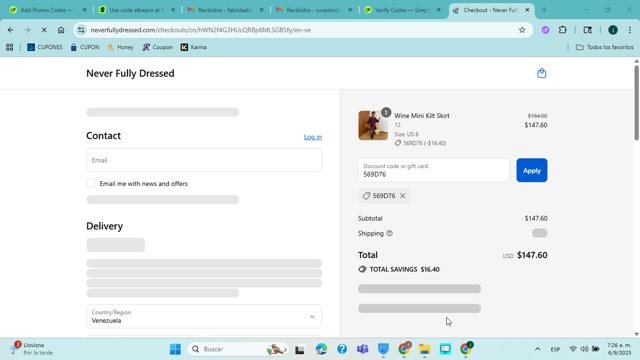 Never Fully Dressed checkout page showing Never Fully Dressed discount code box | Screenshot taken by SimplyCodes community member on Sep 6, 2025