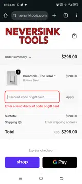 Neversink Tools coupon verification screenshot