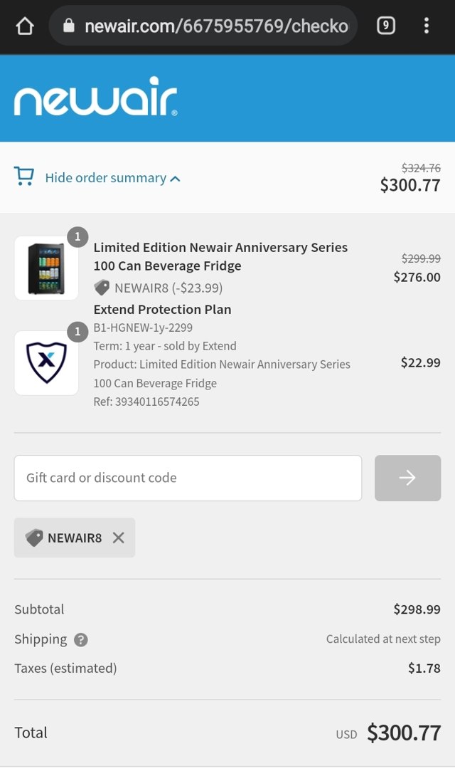 Newair checkout page showing Newair discount code box | Screenshot taken by SimplyCodes community member on Mar 1, 2022