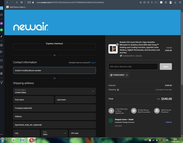 Newair checkout page showing Newair discount code box | Screenshot taken by SimplyCodes community member on Jun 14, 2023