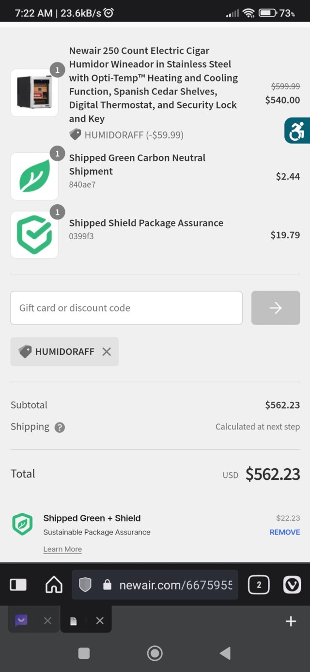 Newair checkout page showing Newair discount code box | Screenshot taken by SimplyCodes community member on May 15, 2023