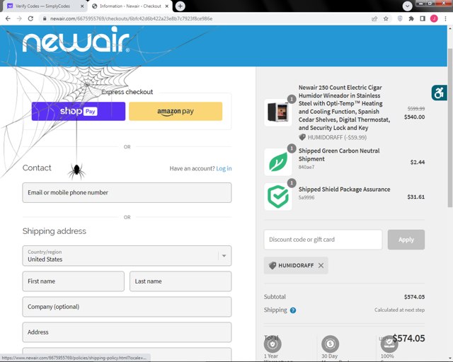 Newair checkout page showing Newair discount code box | Screenshot taken by SimplyCodes community member on Oct 5, 2023
