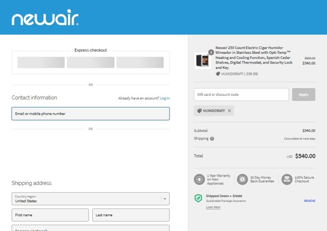 Newair checkout page showing Newair discount code box | Screenshot taken by SimplyCodes community member on Jan 19, 2023